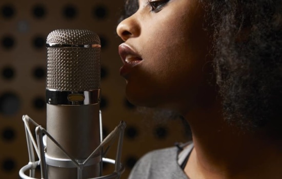 Background singer with microphone in closeup