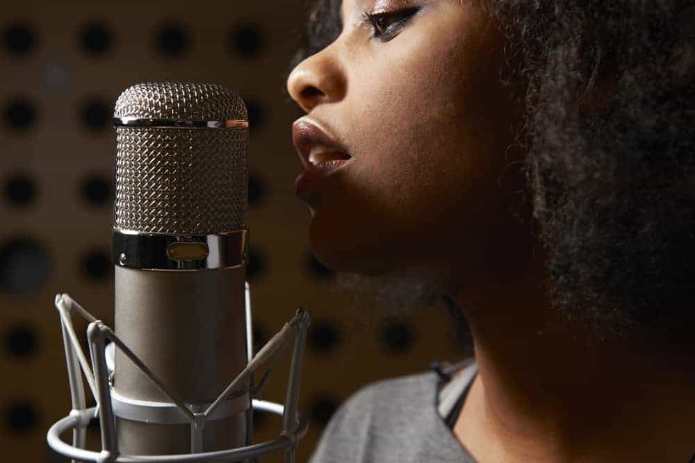 Background singer with microphone in closeup