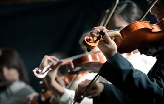 Symphony orchestra violinists performing on stage against dark background