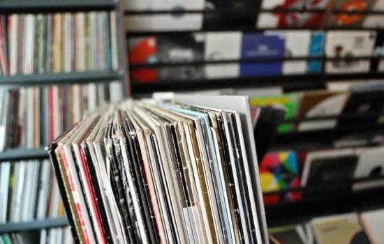 Vinyl records on display in record store