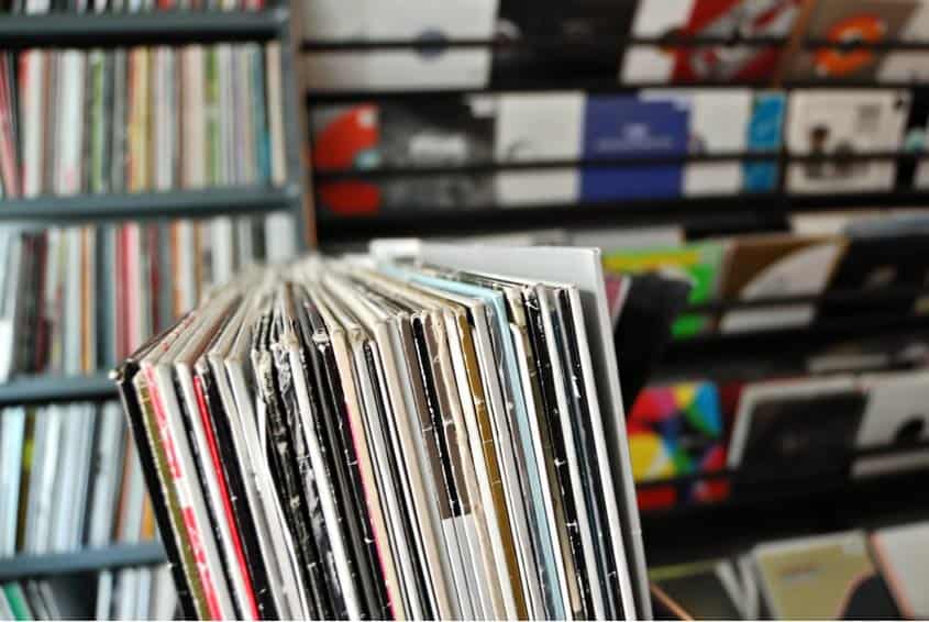 Vinyl records on display in record store