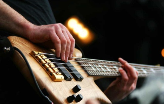 Closeup shot of bassist playing