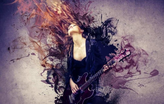 Female musician with guitar and paint swirls