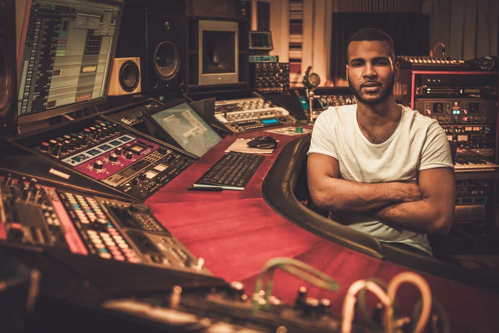 African-American sound engineer in boutique recording studio