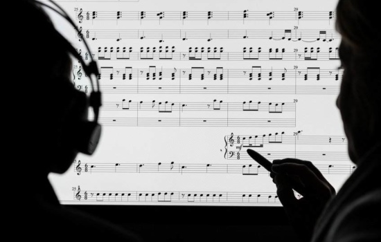 Two musicians writing a score with notation software on computer