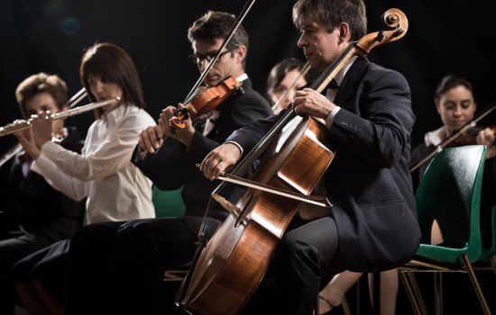 Orchestra performers playing on stage