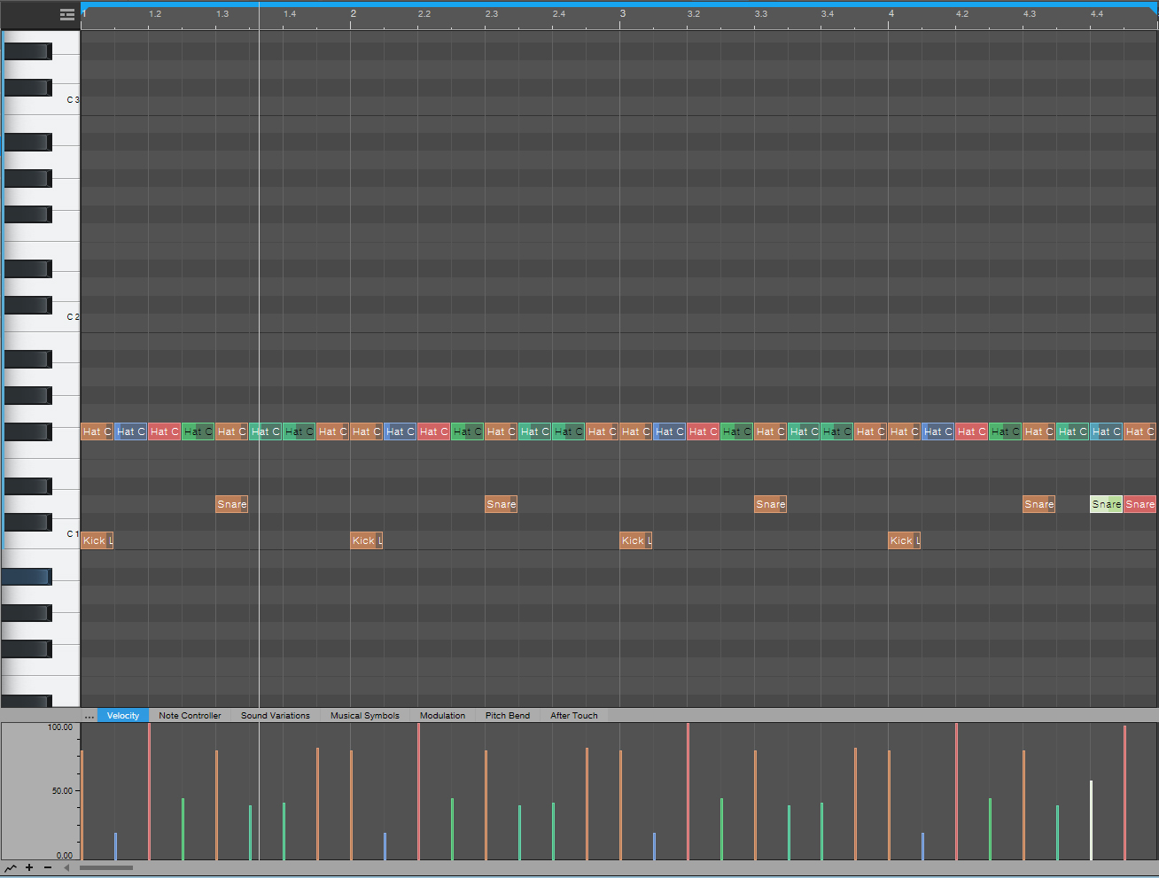 Studio One piano roll editing hi-hat velocity