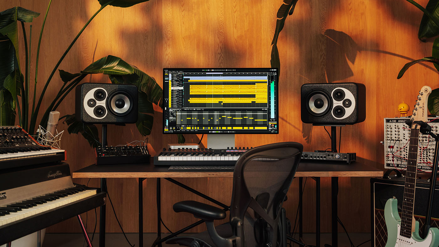Steinberg Cubase Pro running on a screen in a studio environment with an empty chair