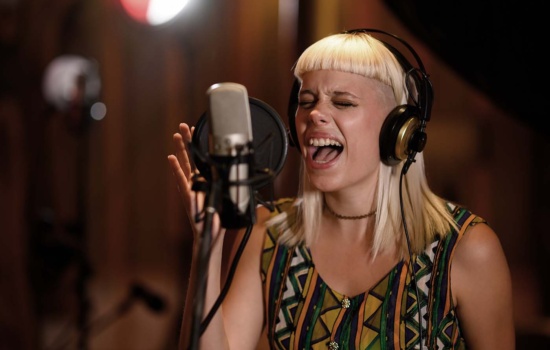 female singer at microphone